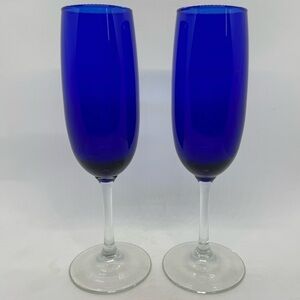 Pair of Cobalt Blue Champagne Flutes with Clear Stems